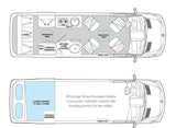 RV rental van conversion floorplan. Top: interior layout with lounge, galley, wet bath. Bottom: lounge converts to bed.