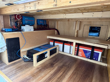 Electrical system for an RV rental: Victron components, LiFePO4 batteries, and wiring neatly installed in wood.