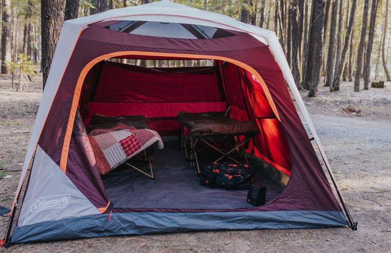  and a yellow Jeep in a sun-dappled forest.|Camp kitchen setup for RV rental: propane stove — photo 14