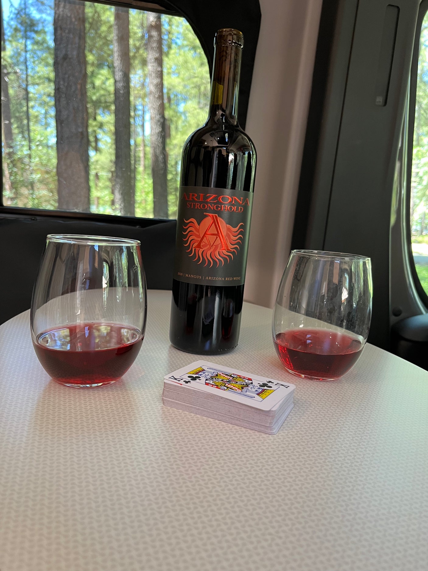 Enjoying Arizona Stronghold wine and playing cards in an RV rental, set against a backdrop of nature.