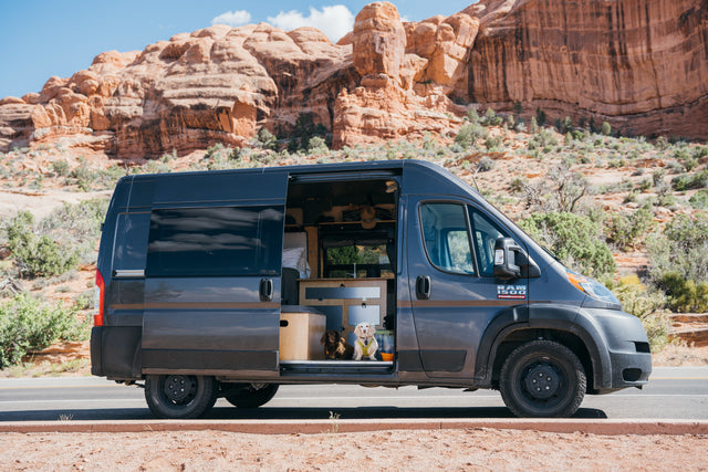 Pet-friendly rv rental van: a gray camper with its side door open, revealing two dogs & custom interior, parked near red rocks.