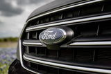 Detailed shot of a Ford vehicle's front grille and oval emblem, suggesting robust options for your next RV rental.