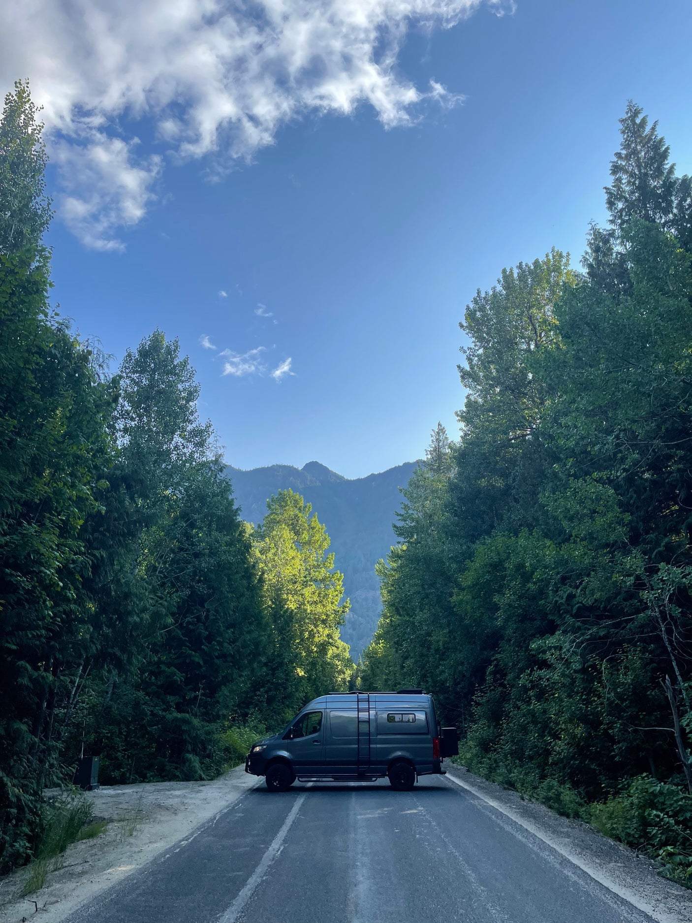Scenic rv rental parked on a forest road, with majestic mountains in the distance under a blue sky.