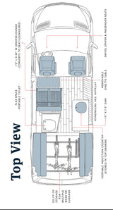 RV rental top-down view: A van's flexible interior layout with seating, convertible bed, kitchen, toilet, and bike storage.