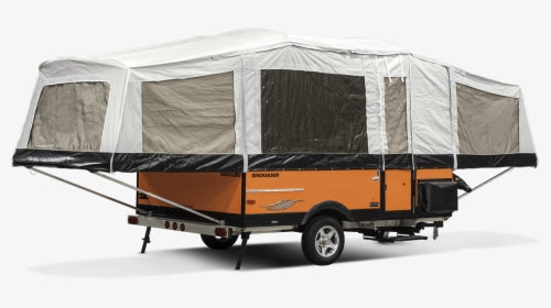Bright orange pop-up camper trailer, fully expanded with canvas walls, for your next RV rental.