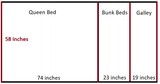 RV rental interior layout: a 58-inch wide area divided into queen bed (74 in), bunk beds (23 in), and galley (19 in).