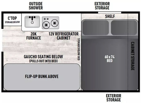 RV rental floor plan showing interior layout: kitchen, 60x74 bed, convertible seating, storage, and an outside shower.