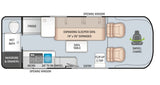 This RV rental floor plan displays a compact interior with a wet bath, kitchen, expanding sofa bed, and swivel chairs.