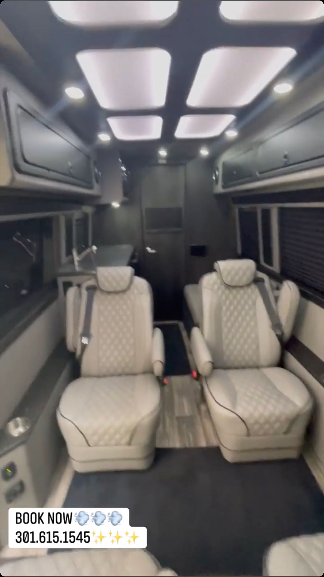 Inside a premium RV rental: luxurious, spacious cabin with plush quilted seats, elegant lighting & overhead storage. Travel in comfort! — photo 12