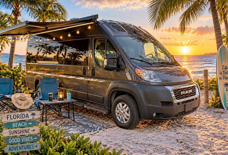 Sunset beach RV rental: A dark gray camper van under an awning with lights — photo 1