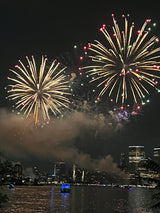 Vibrant fireworks illuminate the night sky above a glowing city skyline and water, a perfect scene for your RV rental journey.