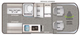Compact RV rental floor plan: pull-out bed, shower, kitchen, dinette, and front swivel chairs, detailing the interior layout.