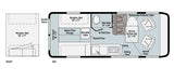 RV rental floor plan detailing adaptable interior spaces: Murphy bed, wet bath, kitchen, and dining for comfort.