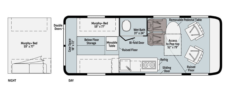 RV rental floor plan detailing adaptable interior spaces: Murphy bed, wet bath, kitchen, and dining for comfort. — photo 13