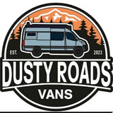 Circular logo for "Dusty Roads Vans," featuring a gray camper van against a mountainous landscape. Explore van life & RV rental adventures!
