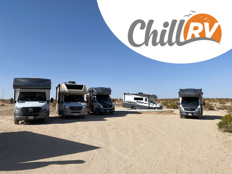 ChillRV: Explore the outdoors with our RV rentals! Diverse motorhomes parked in a sunny desert setting.