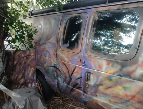This vibrant, abstractly painted van could be a distinctive RV rental, parked outdoors with a roof rack & door lock.