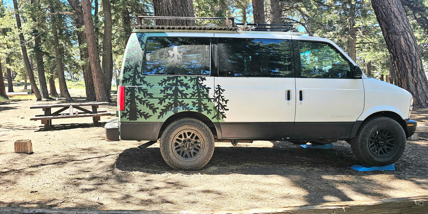 Unique tree-themed RV rental van parked at a sunny forest campsite with a picnic table.