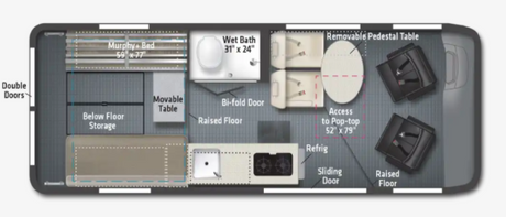 Detailed RV rental floor plan: rear Murphy bed, wet bath, kitchen, flexible seating with pop-top access, and storage.
