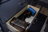 RV rental kitchen drawer with a toaster, coffee maker, and travel mug, ideal for compact travel living.