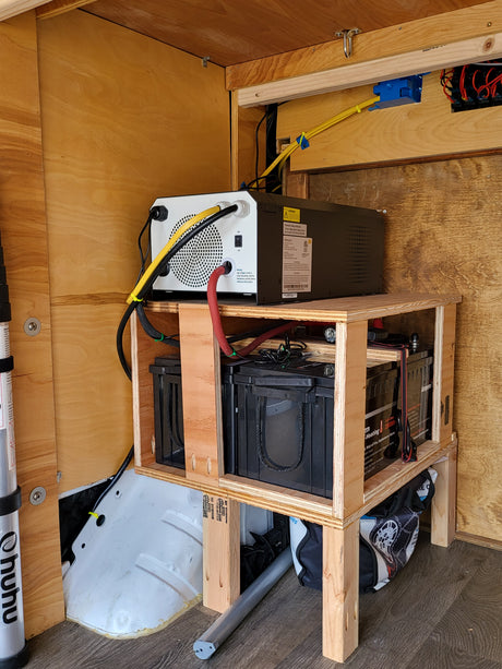 RV rental's electrical system: Renogy inverter, batteries, and organized wiring in a custom camper van.
