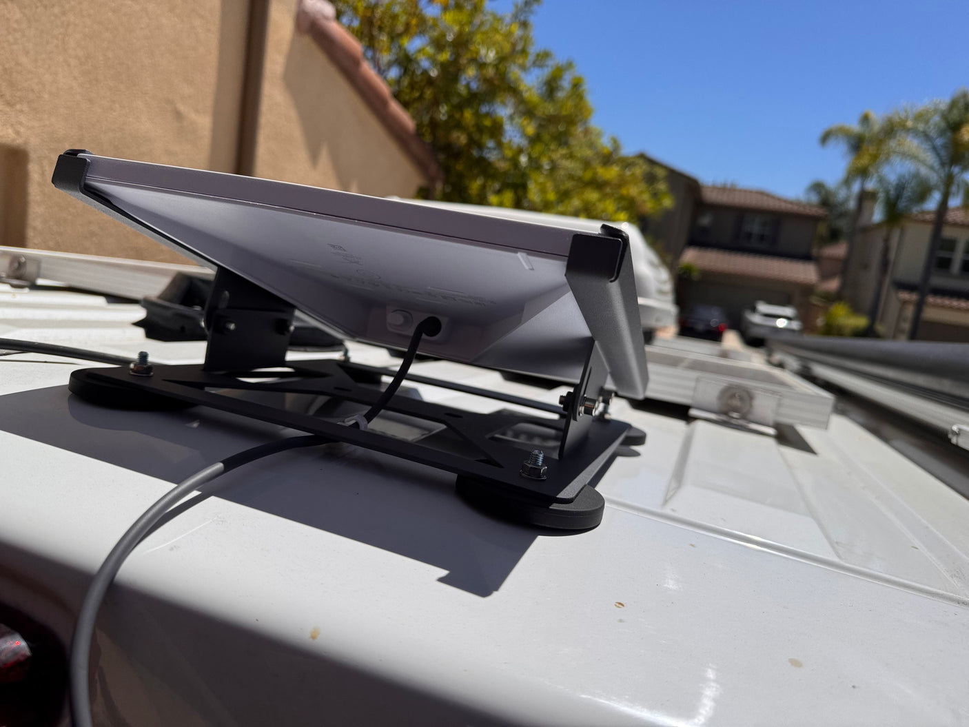 A Starlink satellite dish is mounted on an RV rental's roof for reliable remote internet access during your travels.
