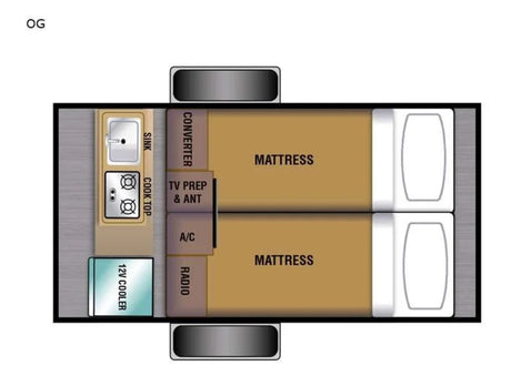 Compact RV rental floor plan: 2 beds, kitchenette (sink, cooktop), 12V cooler, and A/C.