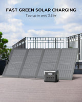 Power up your RV rental with fast, green solar charging! Portable EcoFlow power station recharges via a large solar panel.