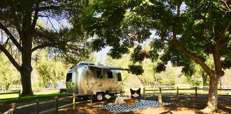 An Airstream RV rental is parked under trees, with an inviting outdoor lounge set up on a patterned rug by the water.