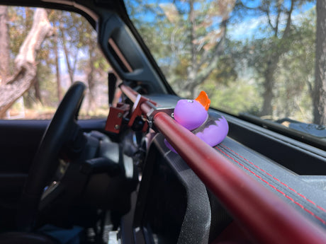 A purple rubber duck sits on the dashboard of an RV rental, next to a red grab bar, ready for scenic drives.