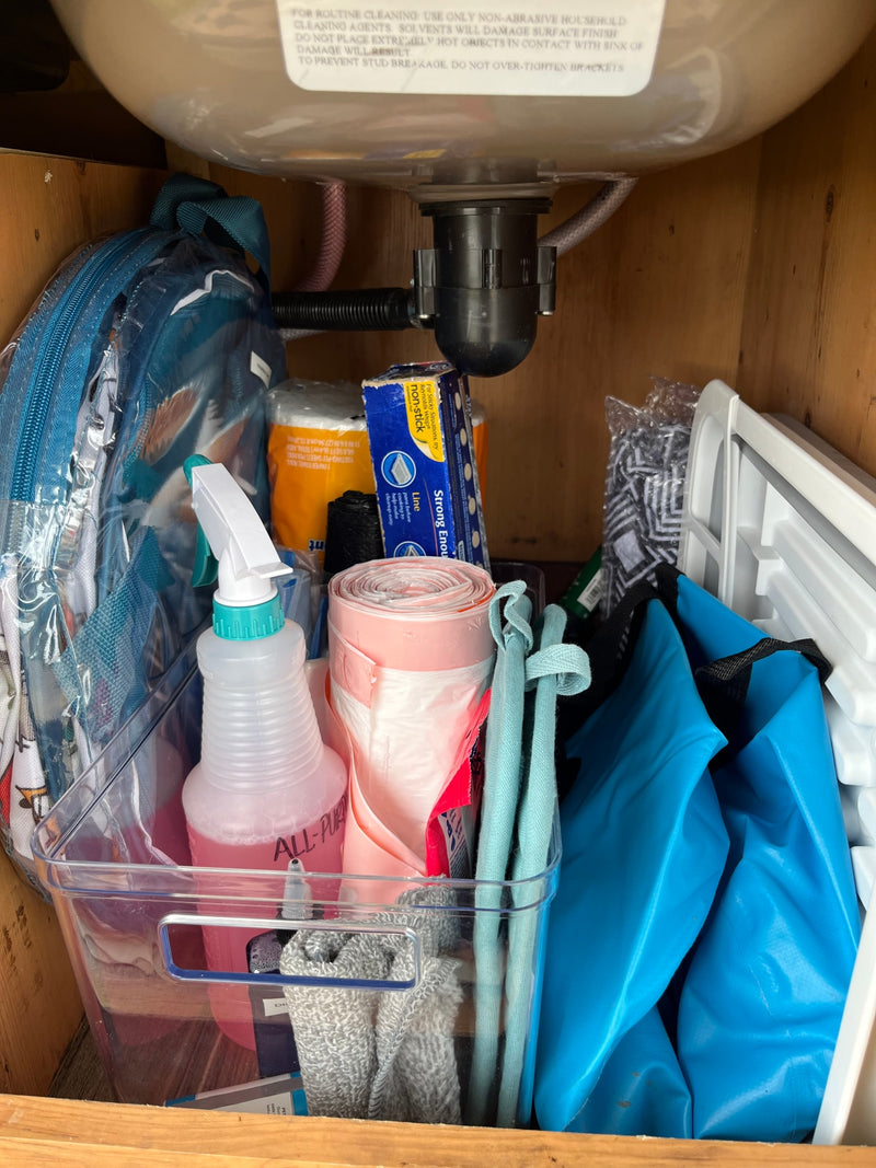 RV rental under-sink storage with cleaning supplies, foil, and trash bags neatly organized in a clear bin. — photo 19