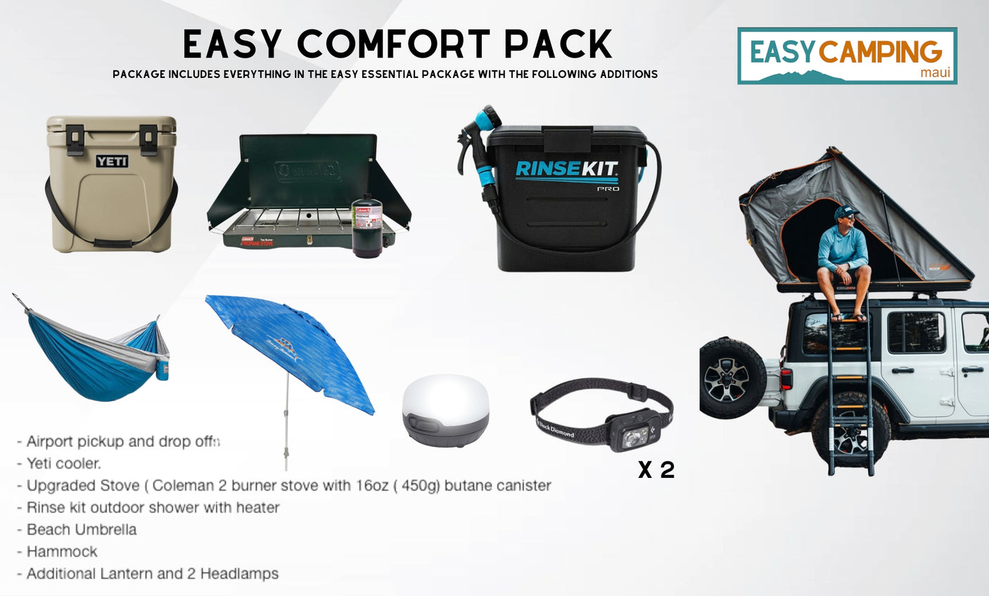 An rv rental comfort pack: Yeti cooler, camping stove, shower, hammock, umbrella, lantern & headlamps from Easy Camping Maui.