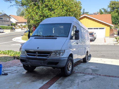 A white high-roof Dodge Sprinter van, likely an RV rental, is parked on a sunlit driveway in a residential area.