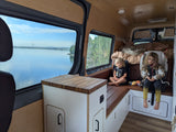 Two children relax in a spacious RV rental, enjoying scenic lake and forest views from inside their camper van.