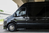 Shiny black Mercedes-Benz Sprinter van, a top choice for your RV rental, parked under an overpass.