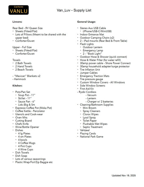 This RV rental supply list details linens, kitchenware, and general usage items for a comfortable trip.
