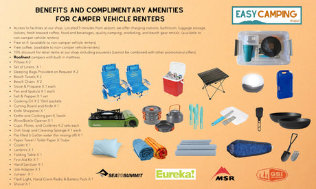 RV rental amenities: essential camping gear, cookware, linens, and supplies for a comfortable outdoor adventure.