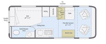RV rental floor plan: Top-down view of a camper van's interior layout, featuring a bed, bath, kitchen, and convertible seating. — photo 19