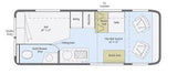 RV rental floor plan: Top-down view of a camper van's interior layout, featuring a bed, bath, kitchen, and convertible seating.