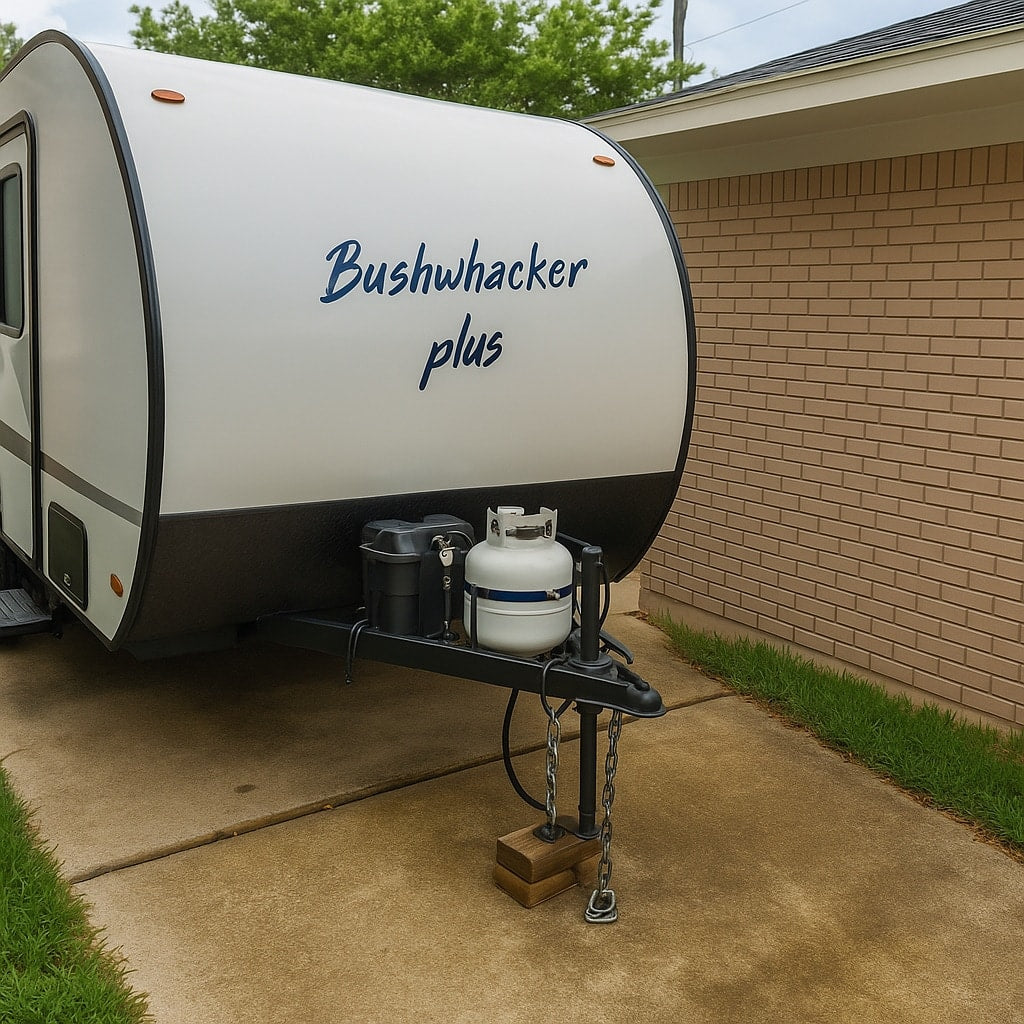 Front view of a white Bushwhacker Plus travel trailer with a propane tank, great for your next RV rental. — photo 12