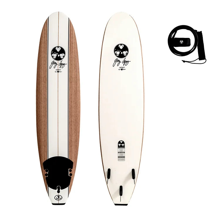 Two views of a surfboard (wood grain & white) with a coiled leash. Perfect water sports gear for your RV rental trips.