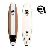 Two views of a surfboard (wood grain & white) with a coiled leash. Perfect water sports gear for your RV rental trips.
