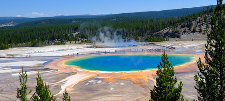Yellowstone's vibrant Grand Prismatic Spring, seen with tourists on boardwalks and distant forests. Explore with an RV rental!