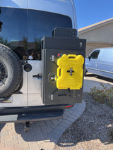 Rear of RV rental van featuring a storage box and yellow RotopaX diesel tank. Perfect for extended adventures.