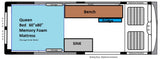Top-down RV rental floor plan: a queen bed, bench, sink, & fridge optimize space for travel comfort.
