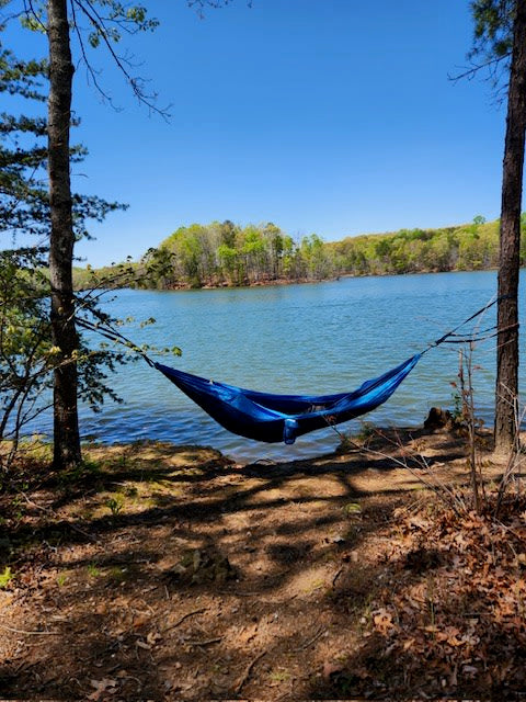 Escape with an RV rental! A blue hammock overlooks a calm lake and distant green trees under a clear sky. Relaxing view.