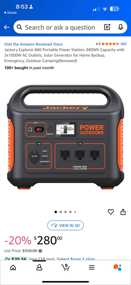 This Jackery Explorer 880 portable power station is essential for RV rental adventures, camping, or home backup. Now 20% off for $280.