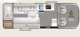 This RV rental interior layout shows a wet bath, convertible sofa bed (74"x80"), compact kitchen, and swivel front chairs.