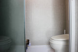 RV rental bathroom features a white toilet, textured walls, and a view through a translucent shower partition.