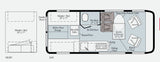 RV rental floor plan: Day/night views show Murphy bed, wet bath, kitchen, movable table, and pop-top.